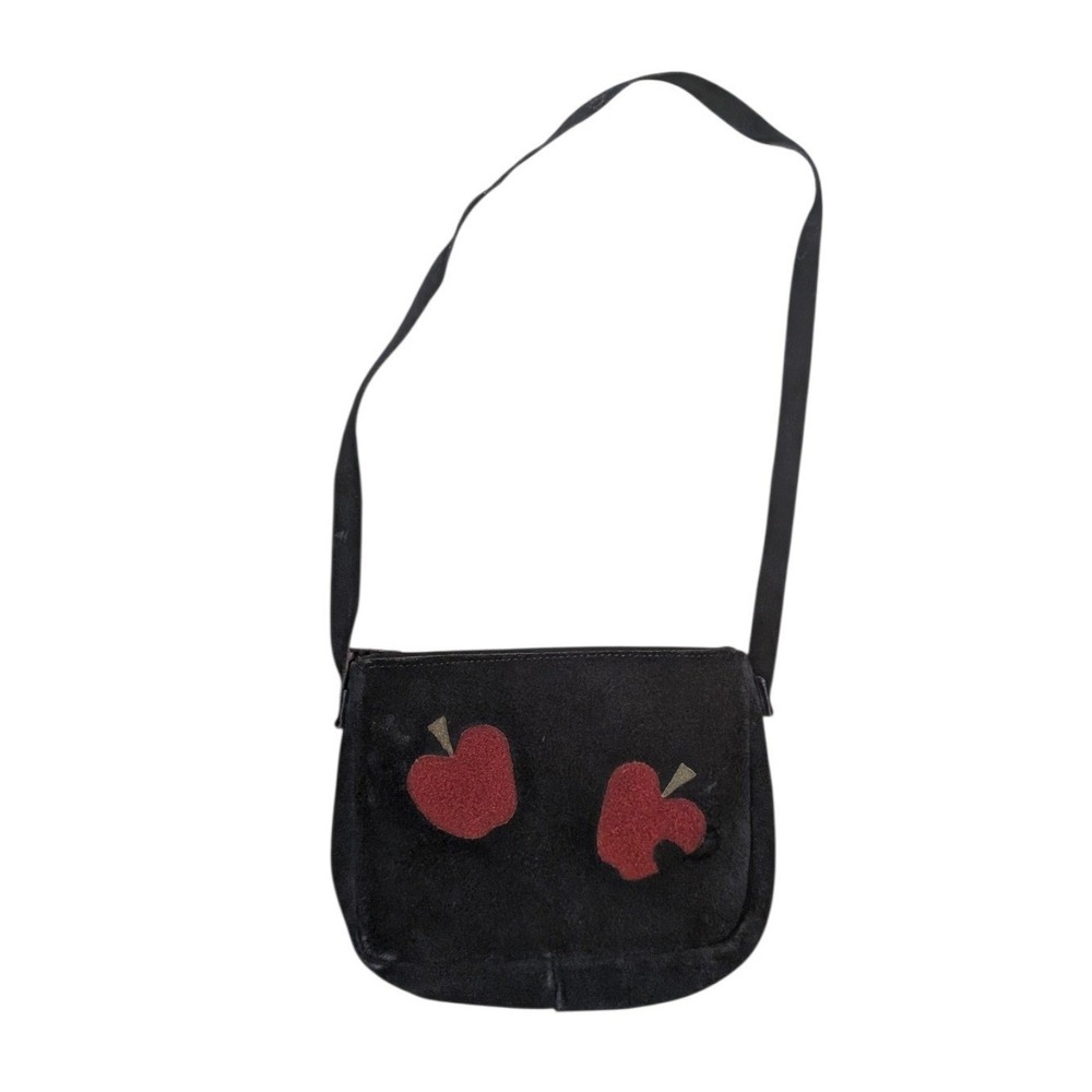 Vintage Black Suede Crossbody Bag Red Apple Applique Retro Small Shoulder Bag